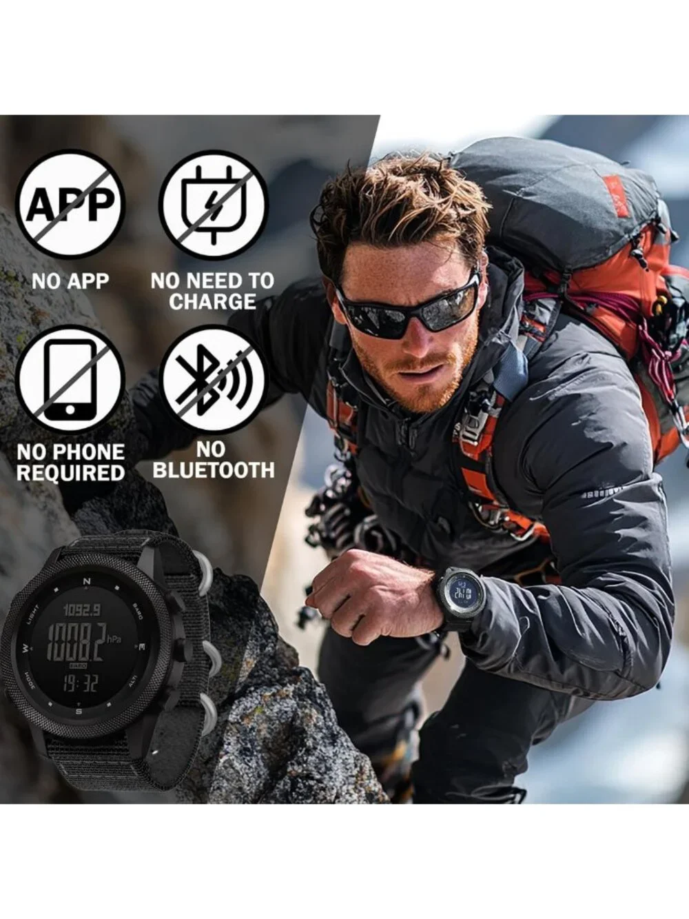 Outdoor Digital Watch for Men - Altimeter, Barometer, Compass, Pedometer, 50M